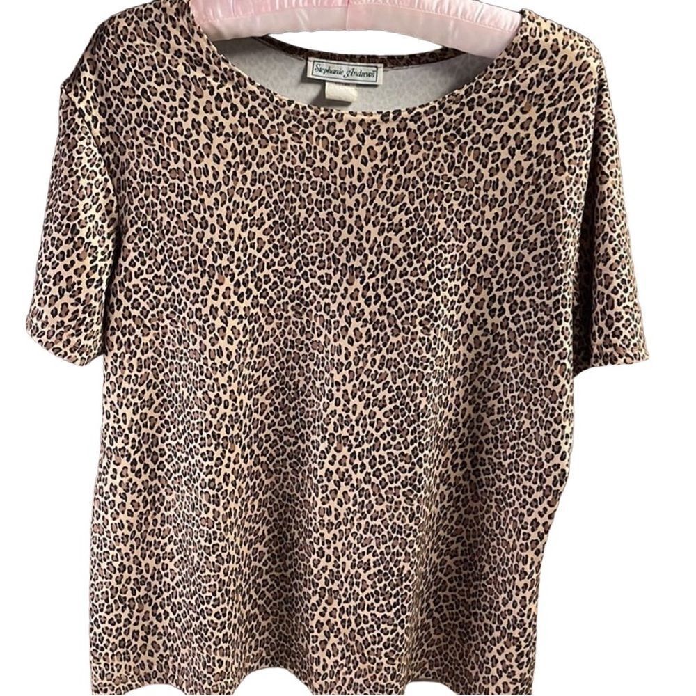 Stephanie Andrews Leopard Print Vintage Top, Scoop Neck Size L, Brown and Black
